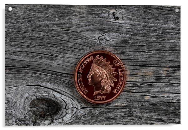 Single US Indian head one cent coin on rustic wood for numismati Acrylic by Thomas Baker
