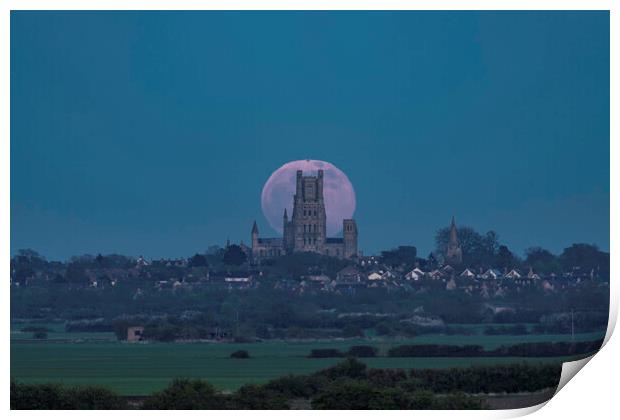 Full moon rising behind Ely Cathedral, 16th April  Print by Andrew Sharpe