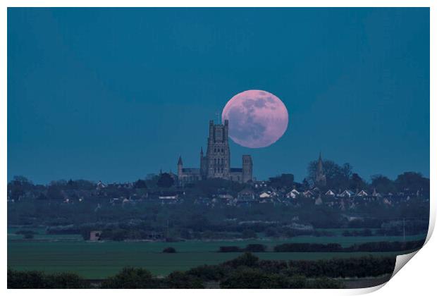 Full moon rising behind Ely Cathedral, 16th April 2022 Print by Andrew Sharpe