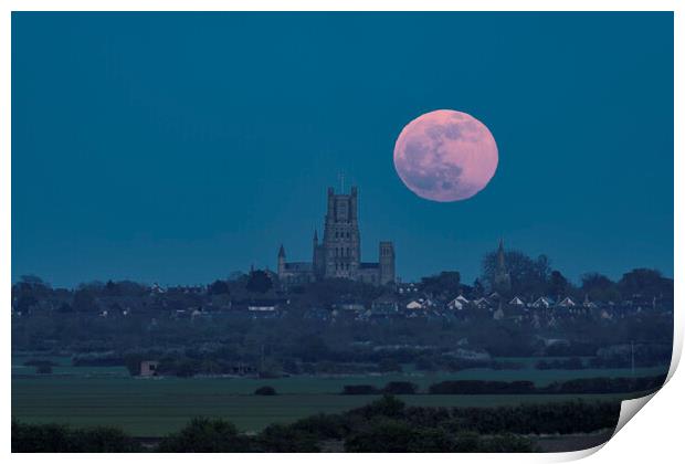 Full moon rising behind Ely Cathedral, 16th April 2022 Print by Andrew Sharpe