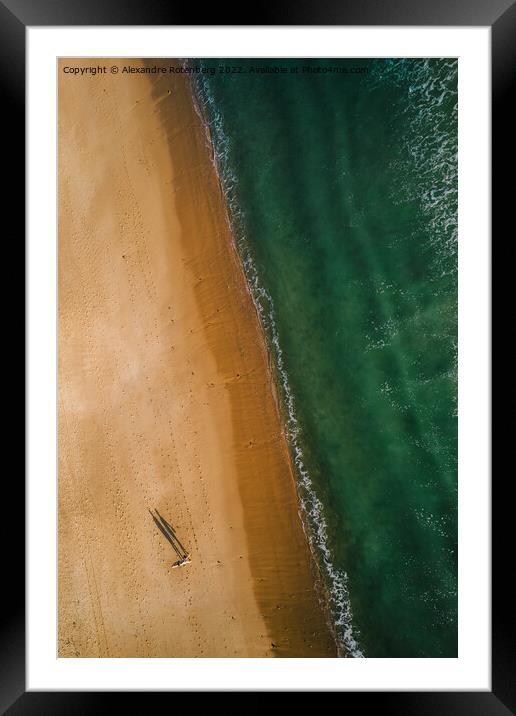 Long shadow of couple walking on beach Framed Mounted Print by Alexandre Rotenberg