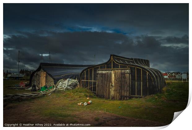 Boat Sheds Holy Island, Northumberland Print by Heather Athey