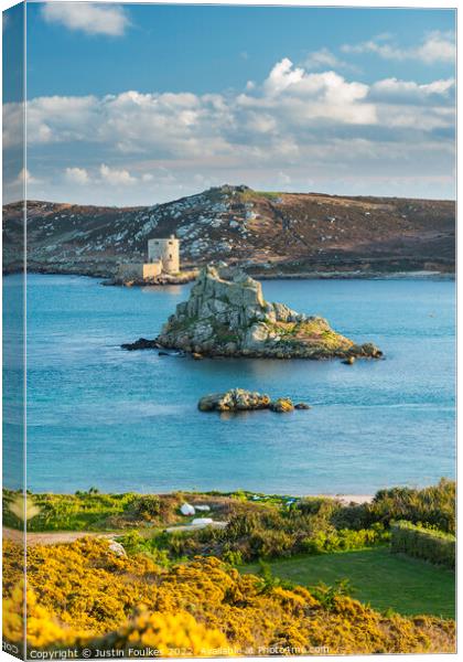 Cromwell's Castle, on Tresco, from Bryher Canvas Print by Justin Foulkes