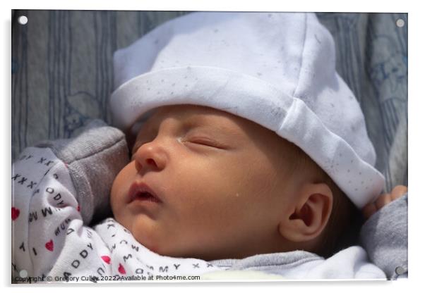 Sleeping newborn baby wearing sleepsuit and hat Acrylic by Gregory Culley