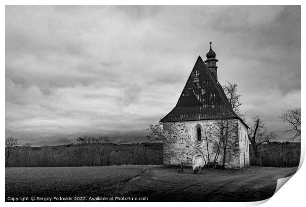 Old church in the field. Dobronice u Bechyne, Czechia Print by Sergey Fedoskin