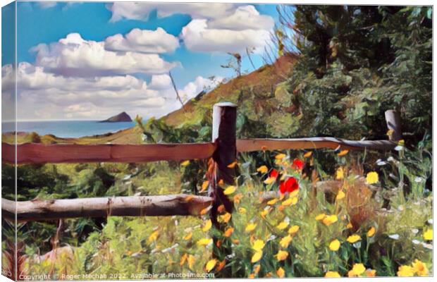 Red Wildflowers Overlooking Great Mewstone Canvas Print by Roger Mechan