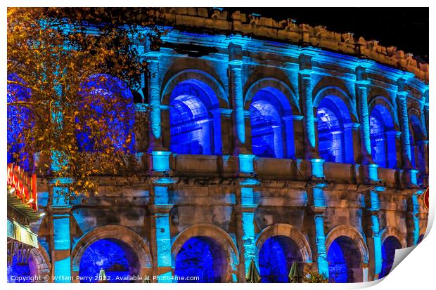 Ancient Roman Amphitheatre Night Illuminated Nimes Gard France Print by William Perry