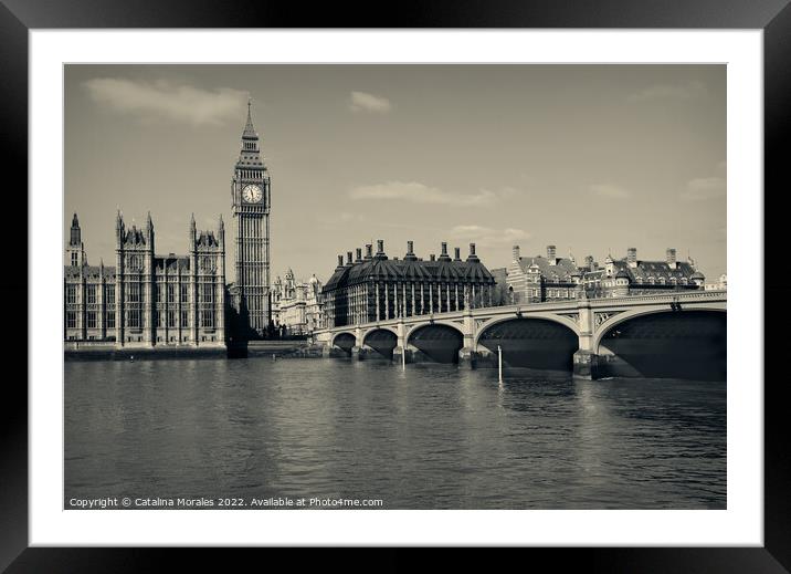 View of London's famous Houses Of Parliament Big Ben in sepia colors Framed Mounted Print by Catalina Morales
