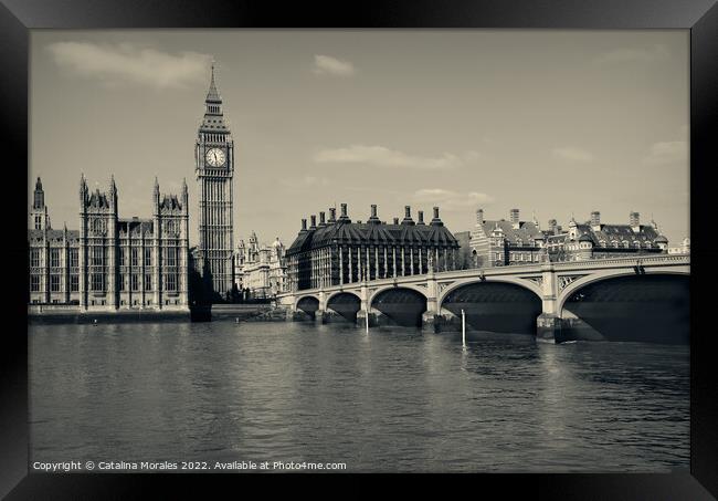 View of London's famous Houses Of Parliament Big Ben in sepia colors Framed Print by Catalina Morales