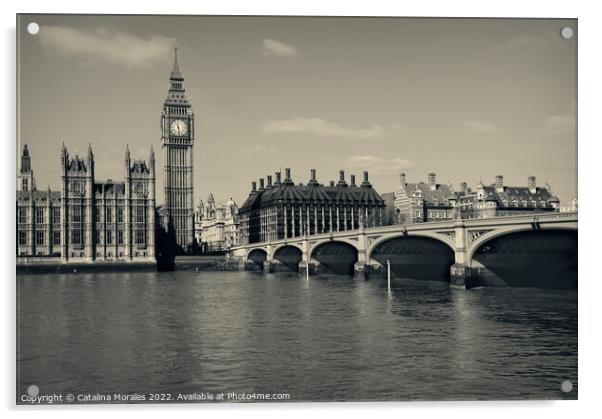 View of London's famous Houses Of Parliament Big Ben in sepia colors Acrylic by Catalina Morales