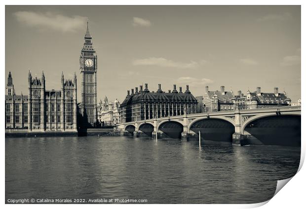 View of London's famous Houses Of Parliament Big Ben in sepia colors Print by Catalina Morales
