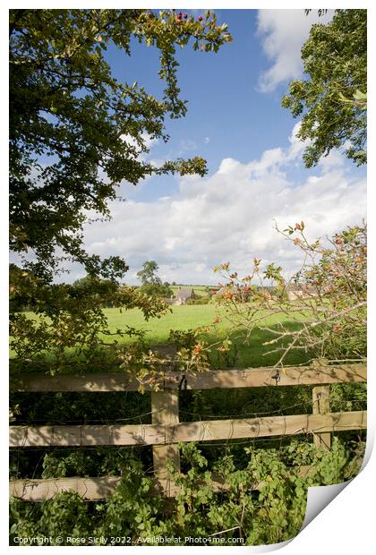 Looking over fence towards Oxfordshire village Print by Rose Sicily