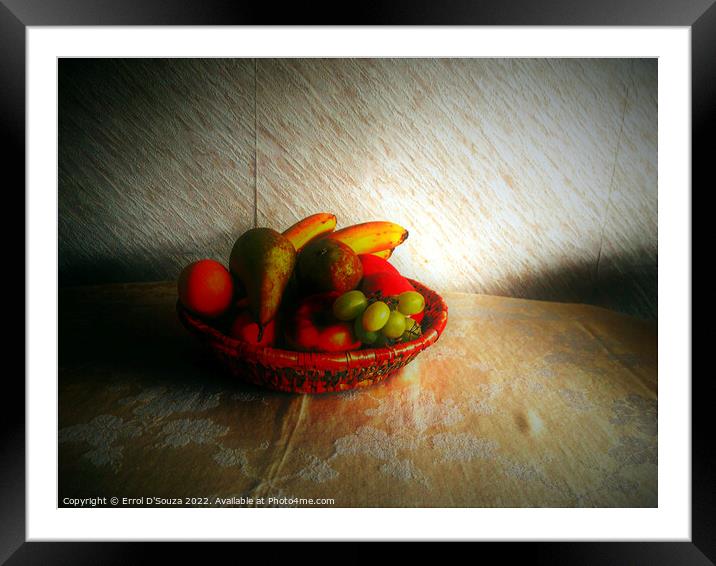 Still life of mixed fruit in a basket Framed Mounted Print by Errol D'Souza
