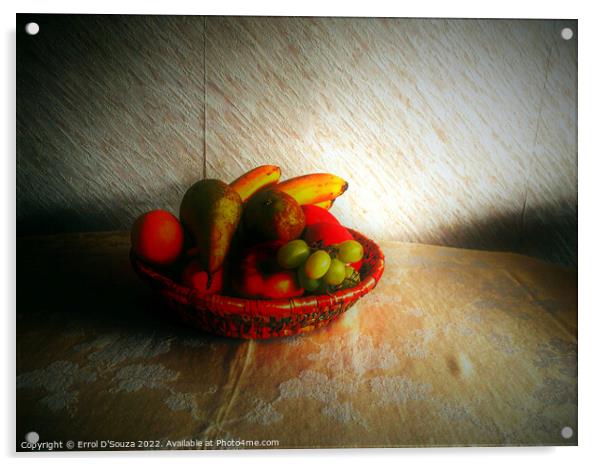 Still life of mixed fruit in a basket Acrylic by Errol D'Souza