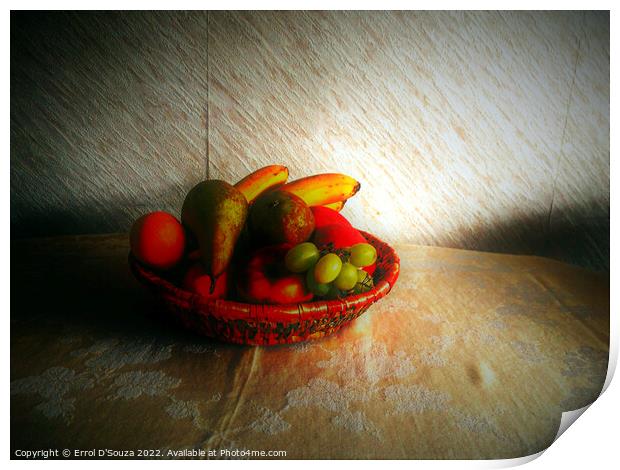 Still life of mixed fruit in a basket Print by Errol D'Souza
