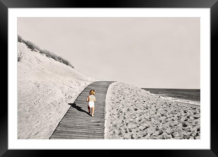 Baby running across beach edge Framed Mounted Print by Tanya Hodgkiss