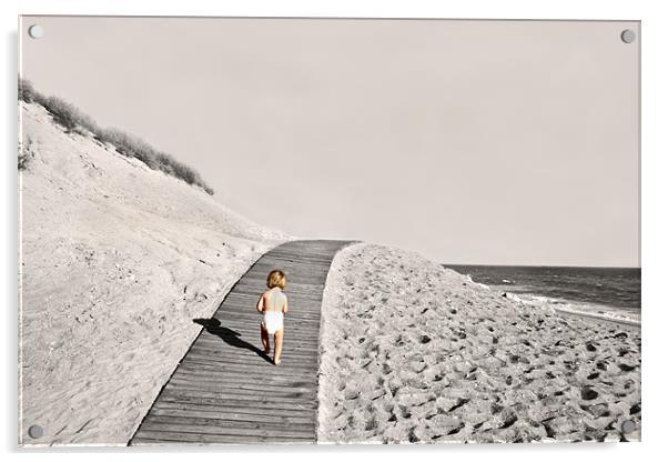 Baby running across beach edge Acrylic by Tanya Hodgkiss