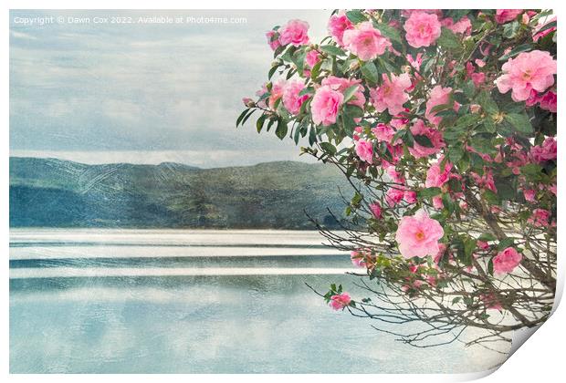 flowers, sea and mountains Print by Dawn Cox
