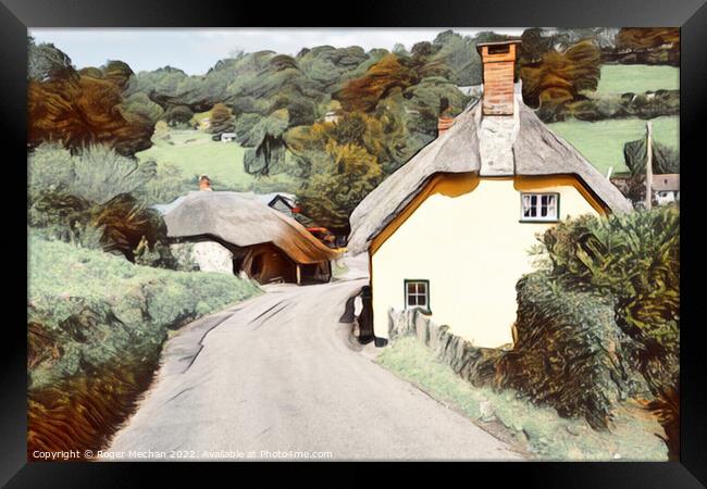 Thatched cottage and country lane Framed Print by Roger Mechan