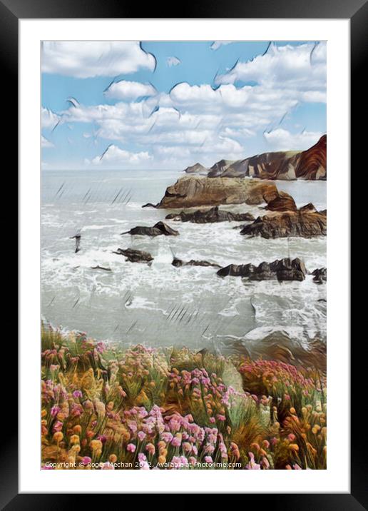 Thrift Flowers on the Rugged North Devon Coast Framed Mounted Print by Roger Mechan