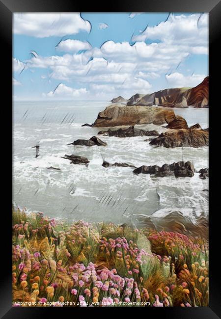 Thrift Flowers on the Rugged North Devon Coast Framed Print by Roger Mechan
