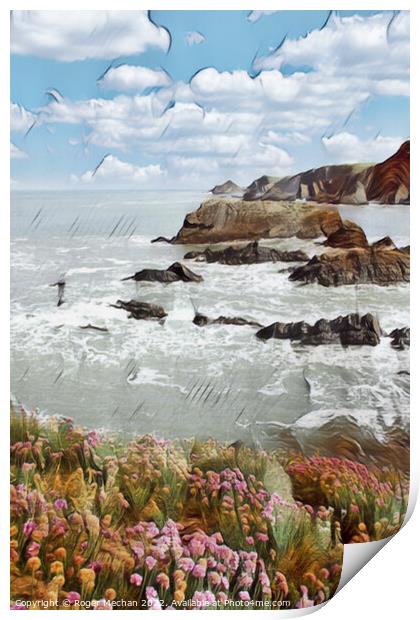 Thrift Flowers on the Rugged North Devon Coast Print by Roger Mechan