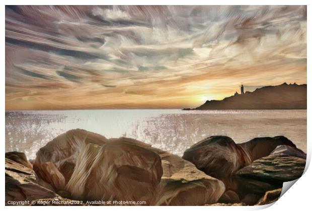 Lighthouse's Last Glow Print by Roger Mechan