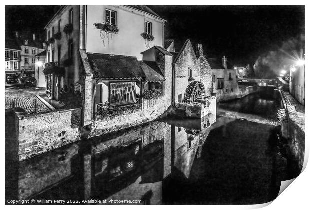Black White Mill Aure River Night Bayeux Center Normandy France Print by William Perry