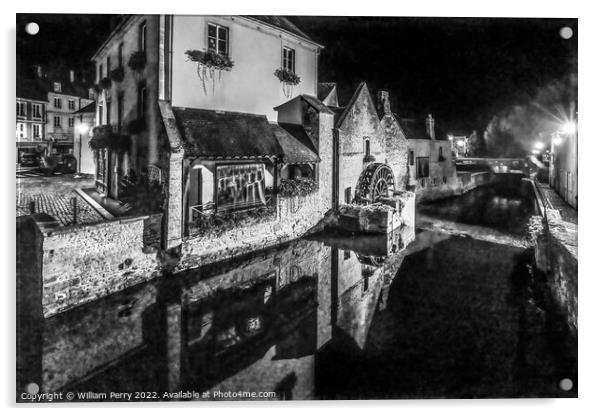 Black White Mill Aure River Night Bayeux Center Normandy France Acrylic by William Perry