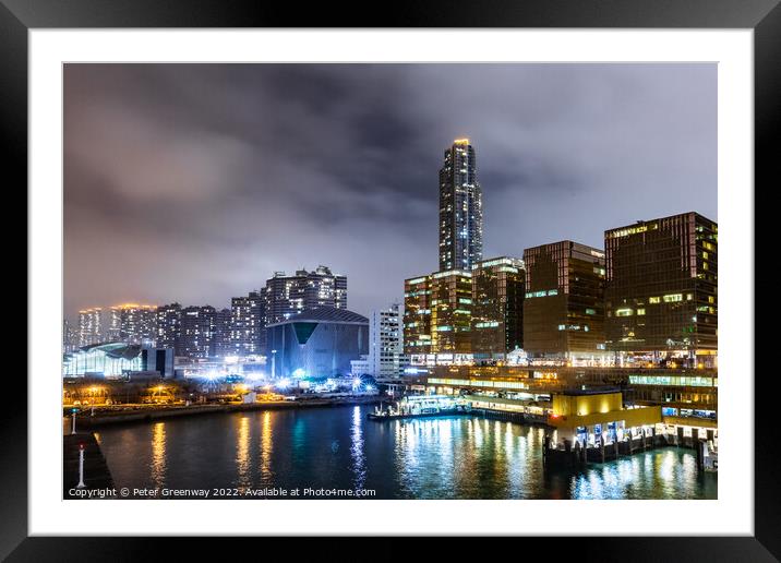 Hong Kong Skyline at Kowloon Harbour at Night Framed Mounted Print by Peter Greenway