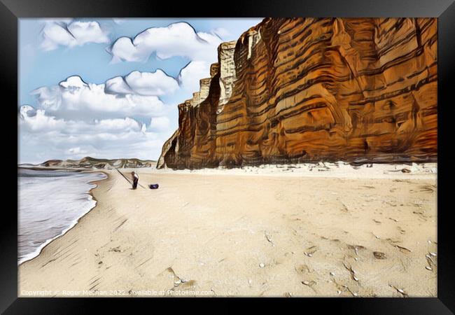 Solitary Fisherman in the Jurassic Coast Framed Print by Roger Mechan