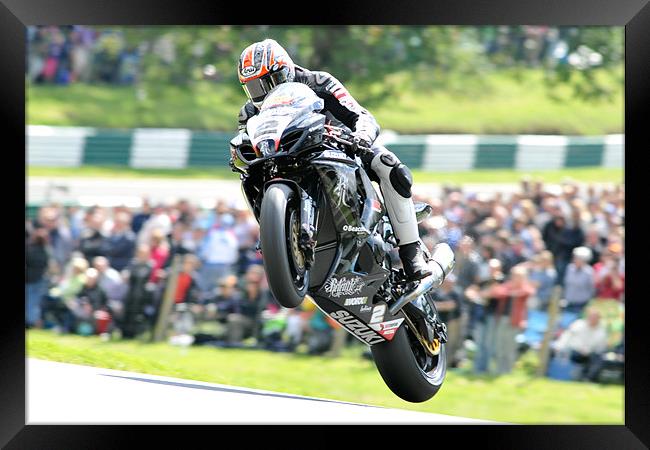 Josh Brookes - Take Off at Cadwell park 2011 Framed Print by SEAN RAMSELL