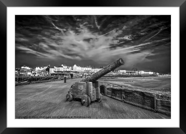 Bridlington North Pier Cannon monochrome, Yorkshir Framed Mounted Print by Alison Chambers