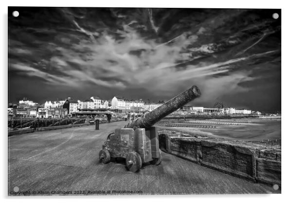 Bridlington North Pier Cannon monochrome, Yorkshir Acrylic by Alison Chambers