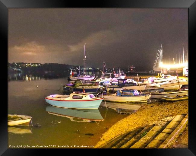 Moored boats by night Framed Print by James Greenley