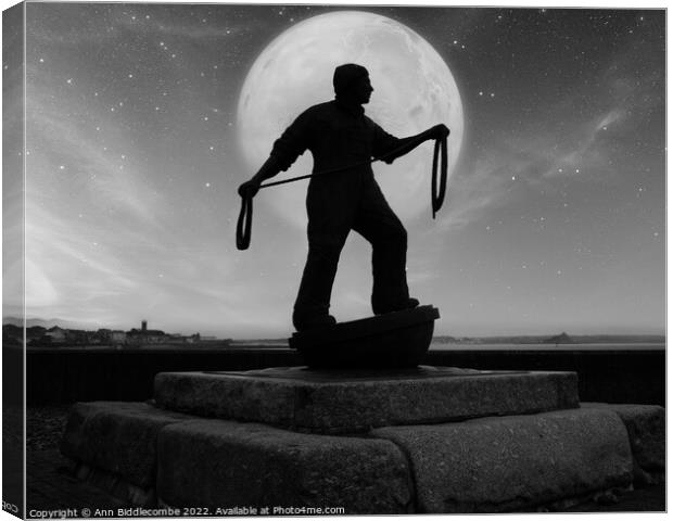 Newlyn fisherman statue by Moonlite Canvas Print by Ann Biddlecombe