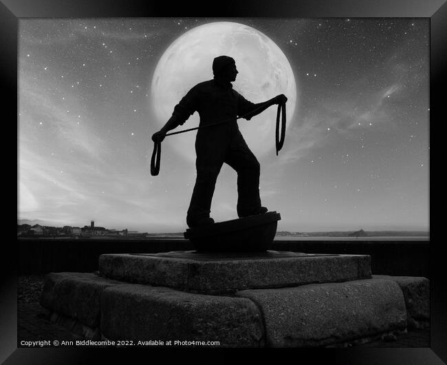 Newlyn fisherman statue by Moonlite Framed Print by Ann Biddlecombe