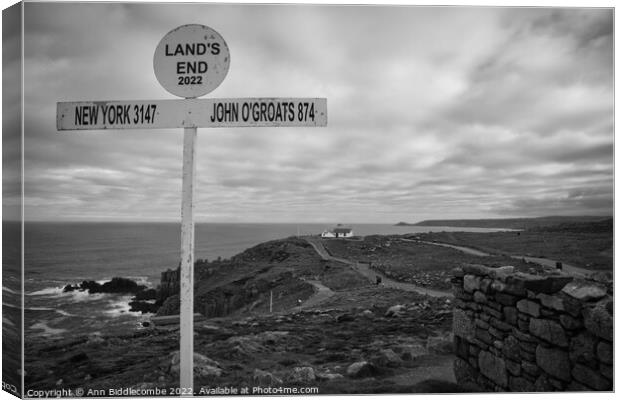 lands end sign in monochrome Canvas Print by Ann Biddlecombe