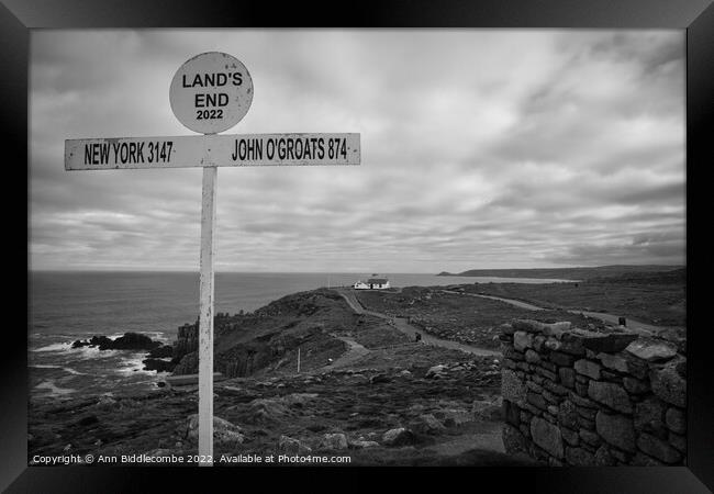 lands end sign in monochrome Framed Print by Ann Biddlecombe