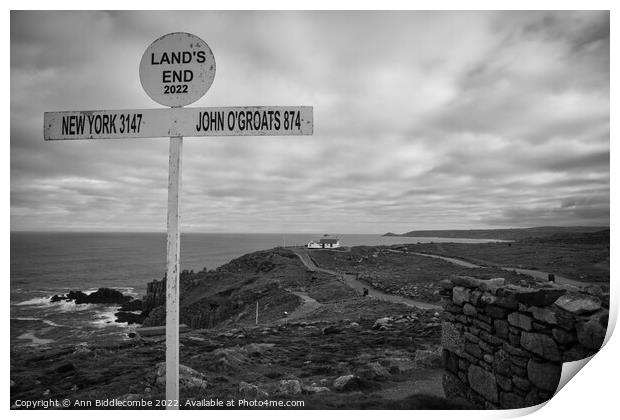 lands end sign in monochrome Print by Ann Biddlecombe