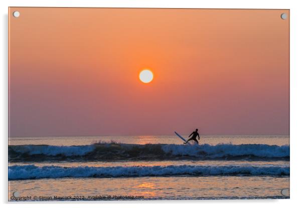 Polzeath sunset surfer #1 Acrylic by Simon Maycock