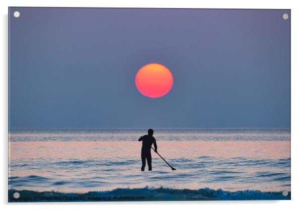Polzeath  paddleboarder at sunset Acrylic by Simon Maycock