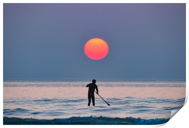 Polzeath  paddleboarder at sunset Print by Simon Maycock