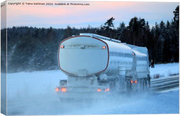 Snowy Fuel Tanker Truck on Winter Highway Canvas Print by Taina Sohlman