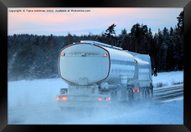 Snowy Fuel Tanker Truck on Winter Highway Framed Print by Taina Sohlman