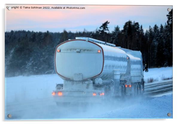 Snowy Fuel Tanker Truck on Winter Highway Acrylic by Taina Sohlman