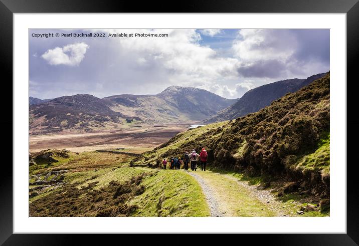 Walkers Hiking Outdoors into Cwm Eigiau Snowdonia  Framed Mounted Print by Pearl Bucknall
