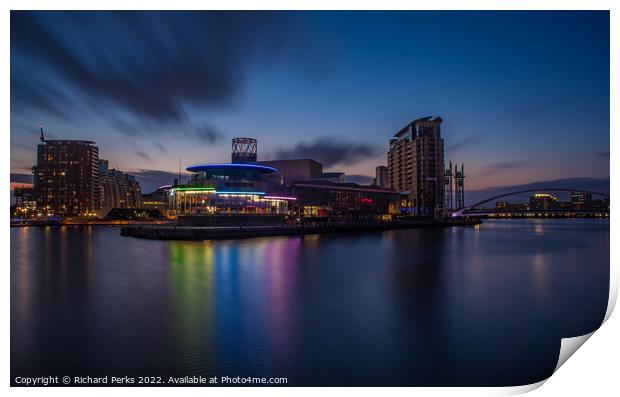 Twilight colours at Salford Quays Print by Richard Perks