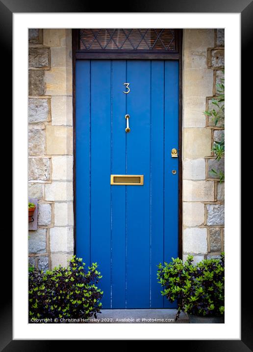 House number 3 on a blue front door Framed Mounted Print by Christina Hemsley