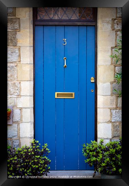 House number 3 on a blue front door Framed Print by Christina Hemsley